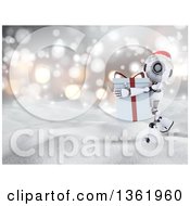 Poster, Art Print Of 3d Futuristic Robot Wearing A Christmas Santa Hat And Carrying A Big Gift In The Snow