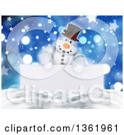 Poster, Art Print Of 3d Snowman Character Over A Blank Sign Snow And Bokeh With Stars
