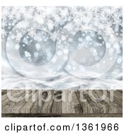 3d Christmas Or Winter Background Of A Deck Or Table With A View Of Snowflakes And Bokeh Flares