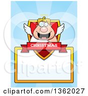 Poster, Art Print Of Chubby Male Angel Christmas Shield Over A Blank Sign And Blue Rays