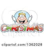 Clipart Of A Chubby Male Angel Over Patterned Christmas Text Royalty Free Vector Illustration
