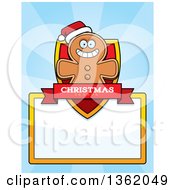 Gingerbread Cookie Man Christmas Shield Over A Blank Sign And Blue Rays
