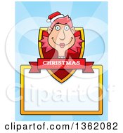 Clipart Of A Female Christmas Elf Shield With A Christmas Season Banner And Blank Sign Over Blue Rays Royalty Free Vector Illustration
