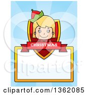 Poster, Art Print Of Girl Christmas Elf Shield With A Christmas Season Banner And Blank Sign Over Blue Rays
