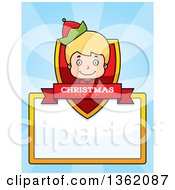 Poster, Art Print Of Boy Christmas Elf Shield With A Christmas Season Banner And Blank Sign Over Blue Rays