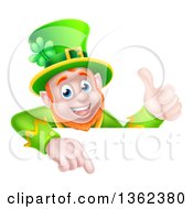 Poster, Art Print Of Cartoon Happy St Patricks Day Leprechaun Giving A Thumb Up And Pointing Down Over A Sign