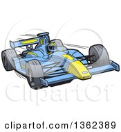 Poster, Art Print Of Cartoon Driver In A Blue And Yellow Race Car