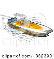 Poster, Art Print Of Cartoon Couple In A White And Orange Speed Boat