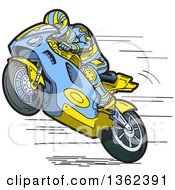 Cartoon Man Wearing A Matching Suit And Racing A Blue And Yellow Motorcycle