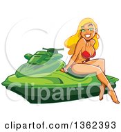 Poster, Art Print Of Sexy Blond White Pinup Woman Sitting On A Green Jet Ski