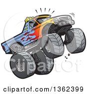 Poster, Art Print Of Cartoon Monster Truck With Flame Paint Doing A Wheelie Or Jumping