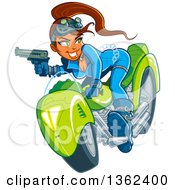 Cartoon Sexy Red Haired White Spy Girl Holding A Gun Riding A Motorcycle And Engaged In A Chase