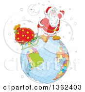 Poster, Art Print Of Cartoon Crescent Moon Over Santa Claus Pulling A Sleigh On A Globe On Christmas Eve
