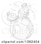 Poster, Art Print Of Cartoon Black And White Crescent Moon Over Santa Claus Pulling A Sleigh On A Globe On Christmas Eve