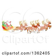 Clipart Of A Team Of Magic Flying Reindeer And Santa In His Sleigh Royalty Free Vector Illustration
