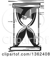 Black And White Woodcut Oil Pump And Tour In An Hourglass