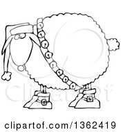 Clipart Of A Cartoon Black And White Festive Christmas Sheep In Boots Jingle Bells And A Santa Hat Royalty Free Vector Illustration