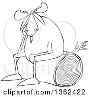 Clipart Of A Cartoon Black And White Depressed Moose Sitting On A Log Royalty Free Vector Illustration