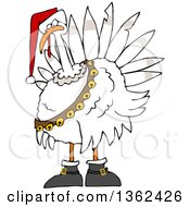 Poster, Art Print Of Cartoon White Christmas Turkey Bird Wearing A Santa Hat And Bell Sash