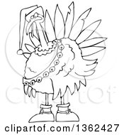 Poster, Art Print Of Cartoon Black And White Christmas Turkey Bird Wearing A Santa Hat And Bell Sash