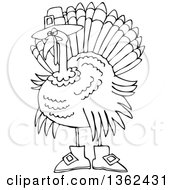 Cartoon Black And White Thanksgiving Turkey Bird Wearing Boots And A Pilgrim Hat