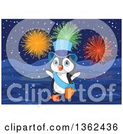 Poster, Art Print Of Cute New Year Penguin Wearing A Blue Top Hat And Sash Under Fireworks In The Snow