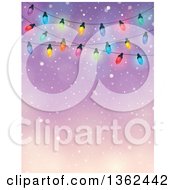 Poster, Art Print Of Background Of Colorful Christmas Lights Over Blue With Snow And Text Space