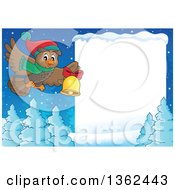 Poster, Art Print Of Cartoon Christmas Owl Wearing A Winter Scarf And Hat Flying Over A Snow Covered Forest And Sign While Ringing A Bell