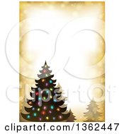 Poster, Art Print Of Silhouetted Christmas Tree With Colorful Lights On A Golden Flare Border