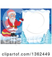 Clipart Of A Christmas Santa Claus Presenting On A Cliff In A Winter Landscape With White Text Space Royalty Free Vector Illustration
