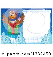 Cartoon Christmas Owl Flying A Gift Over Snow Covered Evergreens And A Blank Sign