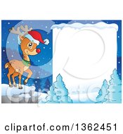 Poster, Art Print Of Christmas Rudolph Reindeer On A Cliff Over A Winter Landscape And Blank Sign