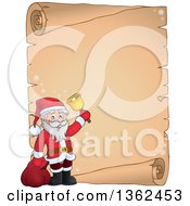 Poster, Art Print Of Christmas Santa Claus Ringing A Bell Over A Parchment Scroll Page With Text Space