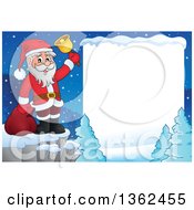 Poster, Art Print Of Christmas Santa Claus Ringing A Bell On A Cliff In A Winter Landscape With White Text Space