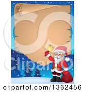 Poster, Art Print Of Christmas Santa Claus Ringing A Bell Over Winter Mountains And A Parchment Scroll Page With Text Space