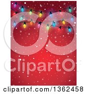 Poster, Art Print Of Background Of Colorful Christmas Lights Over Red With Snow And Text Space