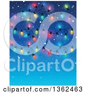 Clipart Of A Background Of Colorful Christmas Lights Over Blue With Snow And Text Space Royalty Free Vector Illustration