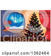 Clipart Of A Silhouetted Christmas Tree With Colorful Lights By A Window Royalty Free Vector Illustration