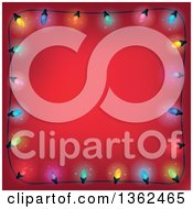 Poster, Art Print Of Border Of Colorful Christmas Lights Over Red With Text Space