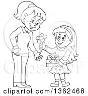 Poster, Art Print Of Cartoon Black And White Thoughtful Girl Giving Her Mom A Flower On Mothers Day
