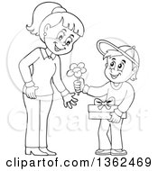 Poster, Art Print Of Cartoon Black And White Thoughtful Boy Giving His Mom A Flower On Mothers Day