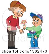 Cartoon Thoughtful Caucasian Boy Giving His Mom A Flower On Mothers Day