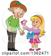 Cartoon Thoughtful Blond Caucasian Girl Giving Her Mom A Flower On Mothers Day