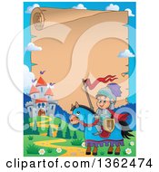 Poster, Art Print Of Cartoon Happy Knight Boy On A Horse Near A Castle With A Parchment Scroll In The Background