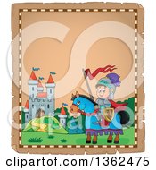 Poster, Art Print Of Parchment Paper Border Of A Knight Boy On A Horse Near A Castle
