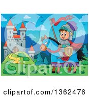 Poster, Art Print Of Cartoon Happy Knight Boy On A Horse With A Castle In The Background