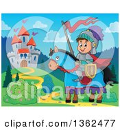 Poster, Art Print Of Cartoon Happy Knight Boy On A Horse Near A Castle