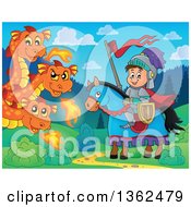 Poster, Art Print Of Cartoon Happy Knight Boy On A Horse Near A Three Headed Fire Breathing Dragon