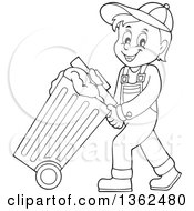 Cartoon Black And White Garbage Man Pushing A Rolling Trash Bin