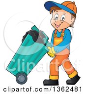 Clipart Of A Cartoon Caucasian Garbage Man Pushing A Rolling Trash Bin Royalty Free Vector Illustration by visekart #COLLC1362481-0161